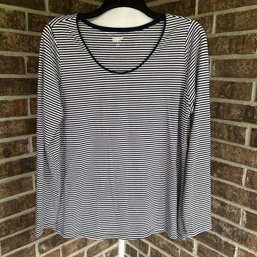 Lands’ End Long Sleeve Nautical Blue & White Striped Top Spandex 1X Stretch